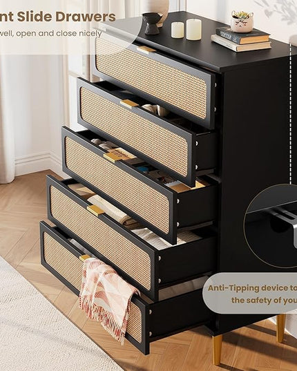 Garvee Rattan Dresser with 5 Drawers, Tall Modern Closet with Deep Storage, Large Chest of Drawers with Wide Top, Long Wooden Dresser for Bedroom, Living Room, Hallway, Kids Room, Black