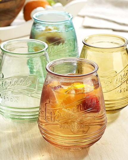 Wine Glasses Set Of 4 Assorted Colored Stemless Glasses 21 OZ. Original Mason Large Wine Cup, Red and White Wine Drinking Water Glasses. Juice, Cocktails, Smoothies, Vintage Bar
