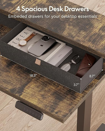 FLEXISPOT 71'' L Shaped Standing Desk Electric Corner Table with Shelf, 4 Storage Drawers, Adjustable Computer Workstation for Home, Office, Game, Studio, Rustic Brown Top + Black Frame