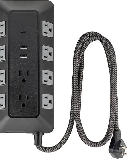 GE UltraPro 10 Grounded Outlet Surge Protector with USB Ports, 1 USB-C Port (15W), 2 USB-A Ports (12W), 4ft Braided Cord Surge Protector Power Strip, 3540 Joules, Black, 74763