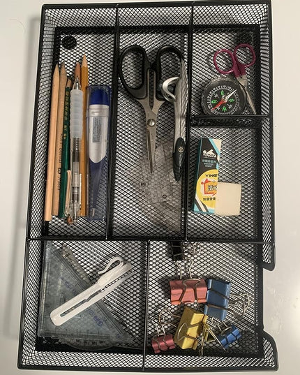 Desk Drawer Organizer tray, Mesh Drawer Organizer Tray for Office, School or Home Supplies Desktop Storage Stationery,bathroom,kitchen, 6 Compartments, 12.6 x 8.27 x 1.57 inch, Black