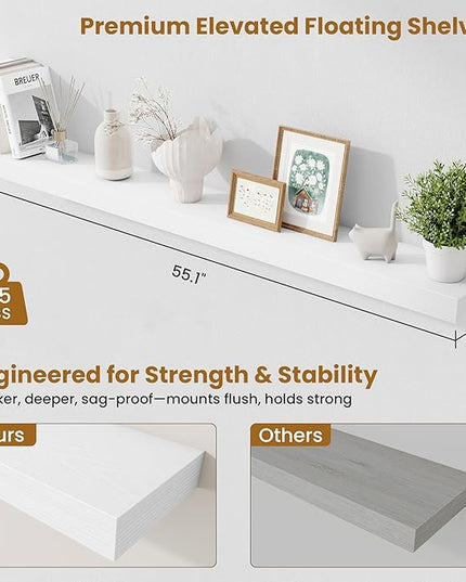 Fun Memories 55 Inch Floating Shelves Bedroom, Large Extra Floating Shelf Set of 2 with Invisible Brackets, White