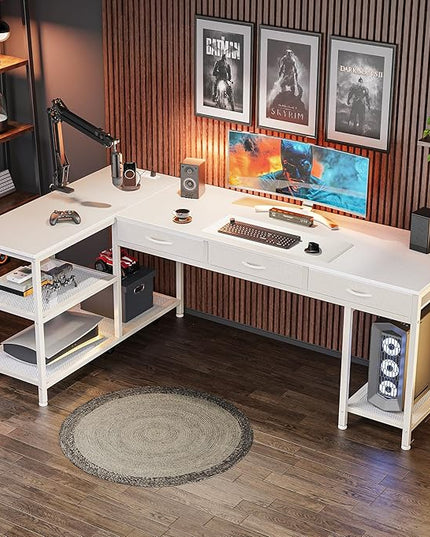 PRAISUN 63 Inch L Shaped Office Desk with Power Outlets and Type-C Port, Large Computer Gaming Desk with 3 Fabric Drawers, Mesh Shelves, Corner Study Work Writing Desk, White