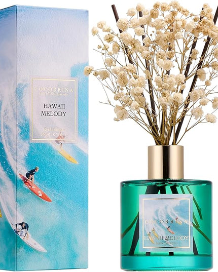 COCORRÍNA Reed Diffuser - Hawaii Melody 6.7 Fl.oz Reed Diffuser Set with 8 Sticks & Preserved Baby's Breath, Reed Diffuser for Home Bathroom Shelf Decor