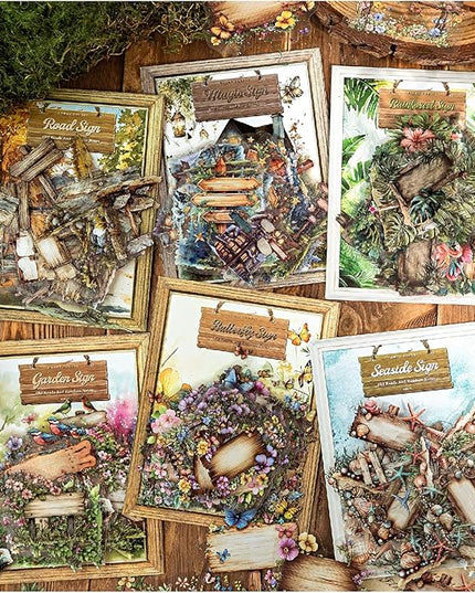 240 Sheets Retro Wood Road Sign Stickers for Journaling, 6 Pack Assorted Designs Decorative Transparent PET Stickers for Scrapbooking, Junk Journals, Collage, DIY Crafts Arts