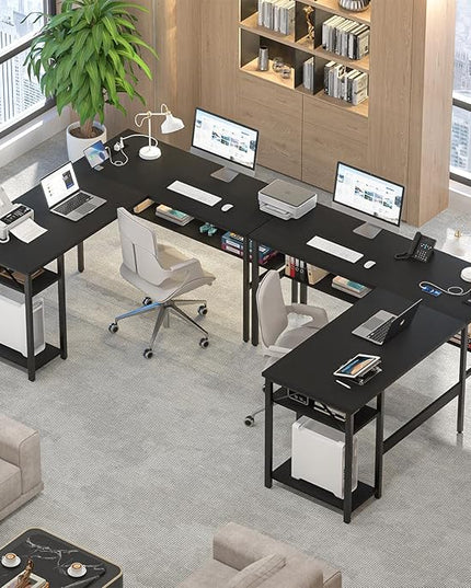 Reversible L Shaped Computer Desk with Power Outlets and USB Charging Ports, Sturdy Corner Desk with Storage Shelf, Modern Work Gaming Table for Home Office, Easy to Assemble, Black