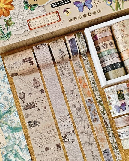 Bomichi 32 Rolls Vintage Washi Tape, Aesthetic Colored Decorative Cute Scrapbook Tape for Scrapbooking Supplies Journaling Craft Junk Journal