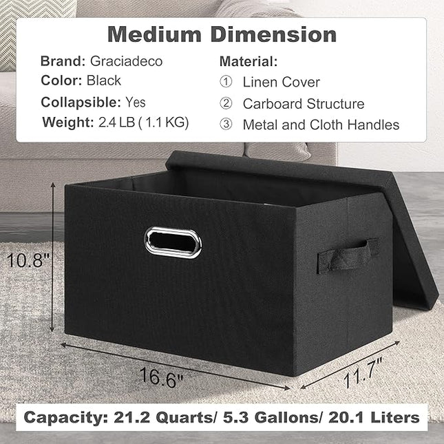 Medium 15" 21 Quart Collapsible Stackable Storage Bins with Lids, 5 Packs Black Foldable Fabric Closet Storage Boxes with Lids, Lidded Heavy-duty Linen Baskets(15x11x8)
