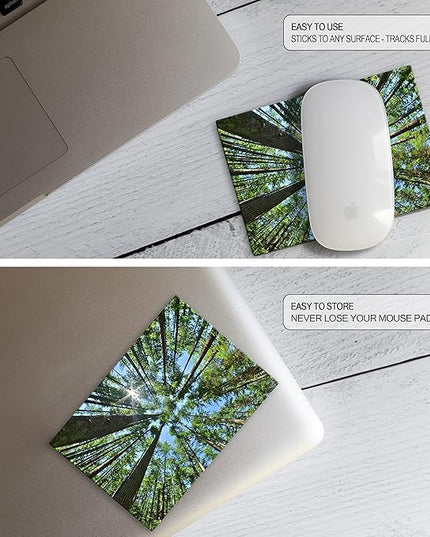 Mouse Pad Adhesive Bottom - Sticks to Any Surface - Portable - Webcam Covers and Screen Cleaner Included (Tall Trees)