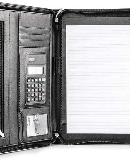 Cossini Black Superior Vegan Leather Business Portfolio with Zipper – Padfolio All-in-One. Smartest Protective 10.1 Inch Tablet Sleeve, Presentation Slot, Solar Calculator, Card Storage, Writing Pad