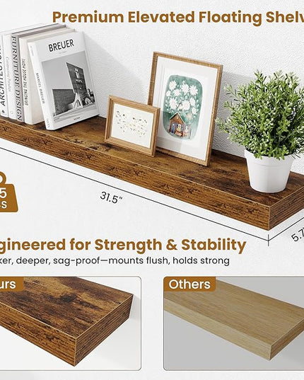 Fun Memories Bathroom Shelves 32 Inch Long Set of 2, Floating Shelves for Wall with Invisible Brackets, for Bedroom, Living Room, Kitchen, Rustic Brown