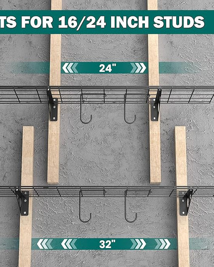EVERHANGER Garage Wall Shelves, 12 X 48 Inch Wall Mounted Storage Shelves, Heavy Duty Metal Shelving with Hooks, 2 Pack, Black