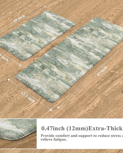 Collive Anti Fatigue Kitchen Mats, Grey/Green Abstract Kitchen Rugs Sets of 2 Non Slip Waterproof Standing Mat, Cushioned Comfort Desk Rug for Home Office, Sink, Laundry, 17"x29"+17"x47"