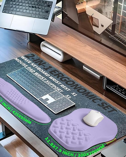 2-in-1 Ergonomic Set, Wave Keyboard Wrist Rest and Massage Slope Mouse Pad Wrist Support, Rebound Memory Foam for Relieve Carpal Tunnel Syndrome and Wrist Pain (Lavender Purple)