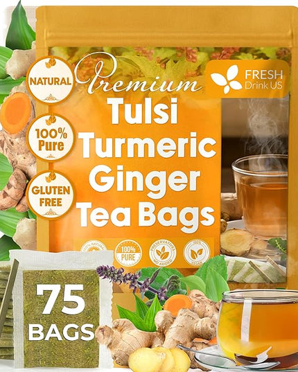 FreshDrinkUS, Premium 75 Tulsi Turmeric Ginger Tea Bags, 100% Natural & Pure from Tulsi Holy Basil Leaves, Turmeric and Ginger. Made with Natural Material Tea Bags. No Sugar, No Caffeine, Vegan.