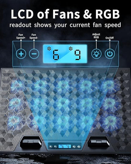 KeiBn Laptop Cooling Pad, Gaming Laptop Fan Cooling Pad with 15 Quiet Fans, RGB Laptop Cooler for 10-17.3 Inch, 4 Height Stands, 2 USB Ports - Blue