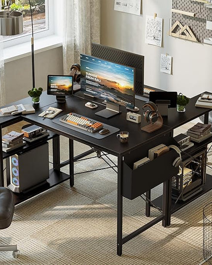 Grandder L Shaped Computer Desk with Reversible Shelves, 40 Inch Small Corner Desk with Storage Bag, Gaming Desk Computer Table Study Writing Table for Home Office Bedroom Small Space, Black