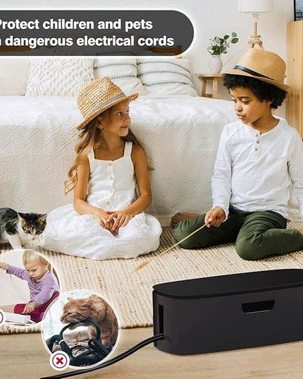 Cable Management Box - Large Cord Organizer Box to Hide Power Strip & Under Desk, TV Computer Wires Cable Organizer Box with Baby Proofs, Desk Cord Organizer for Home/Office - Black