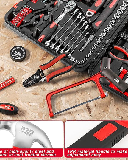 Prostormer 259-Piece Tool Kit, General Household Hand Tool Set with Plastic Storage Toolbox, Portable Complete Repair Tool Box for Home and Car (Red)