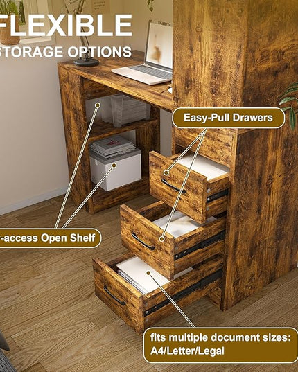 KEIKI Computer Desk with Hutch and 3 Drawers, 4-Tier Storage Shelves, Office Desk with Storage and Integrated 4-in-1 Charging Station, Brown