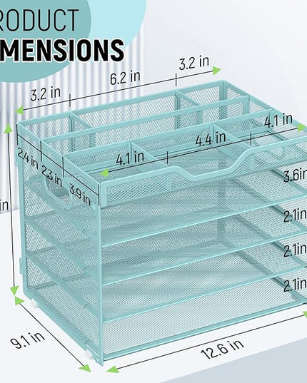 Docnest 5 Tier Mesh Desk Organizer- Letter Tray with Adjustable Compartments, Mesh Desktop Storage Built in Pen Holder and Handles, Desk Organizer Tray for Mail Documents Office Supplies-Blue