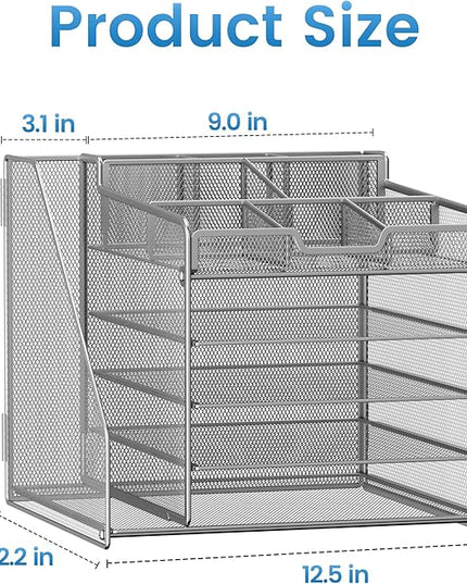 Lavatino 5-Tier Metal Mesh Desk Organizer with File Holder & 7 Customizable Compartments | Paper Letter Tray for Office or Home Desk Storage | Keep Workspace Supplies Neat & Organized, Silver