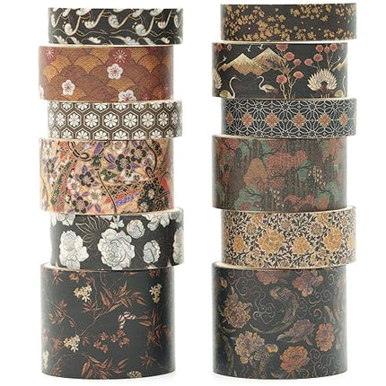 Songdao 12 Rolls Kyoto Charm Washi Tape Set Japanese Arts Adhesive Tapes Geometric Garden Decorative Masking Tape Sets for Craft, Kids, Scrapbook, DIY, Gift Wrapping (Black Elegance)