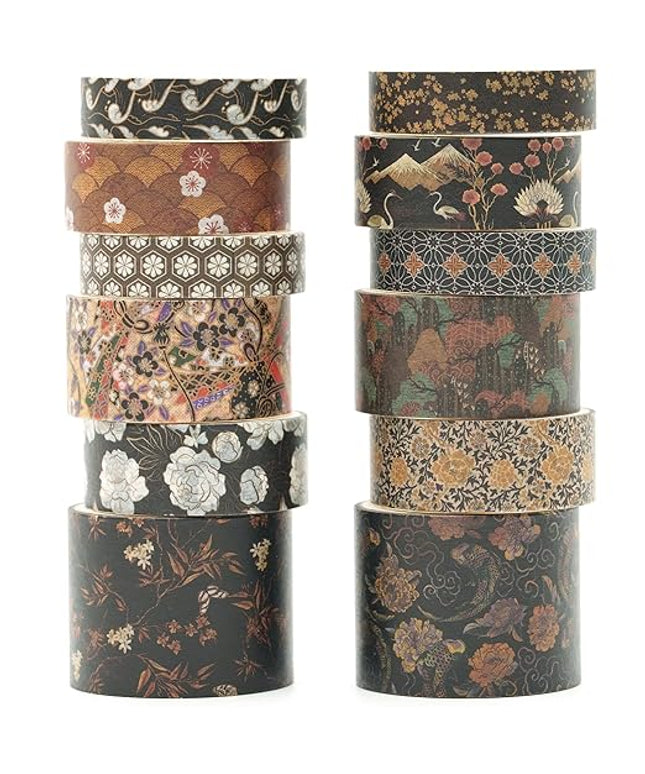 Songdao 12 Rolls Kyoto Charm Washi Tape Set Japanese Arts Adhesive Tapes Geometric Garden Decorative Masking Tape Sets for Craft, Kids, Scrapbook, DIY, Gift Wrapping (Black Elegance)