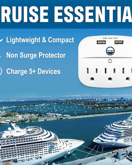 Cruise Approved Power Strip - Non Surge Protector for Cruise Ship with 2 USB Outlets - Cruise Ship Essentials 2026 for Carnival, Princess, Norwegian, Holland America, MSC & Major Cruise Lines (White)