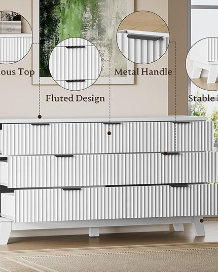 BORNOON 57" Long Dresser for Bedroom, 7-Drawer Fluted Chest, Wide Wood Storage Dresser with Metal Slides and Handles, Stable Base, Modern Clothes Organizer for Primary Suite, Guest Room, Nursery