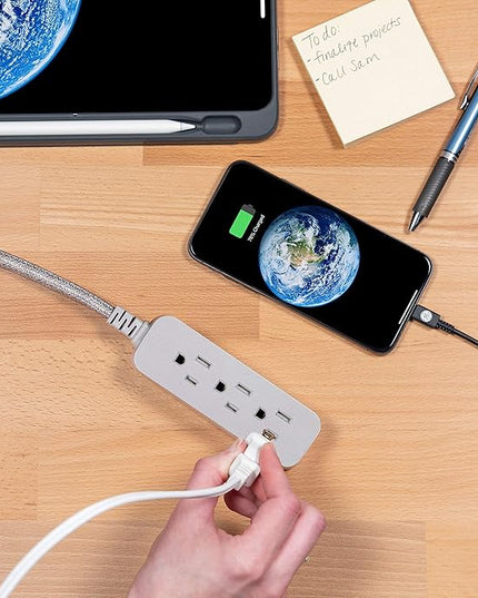 GE 3-Outlet Power Strip Mini Extension Cord with Multiple Outlets 5 Inch Braided Short Cord Extension Cord Grounded Flat Plug Extension Cord ETL Listed Gray 53199