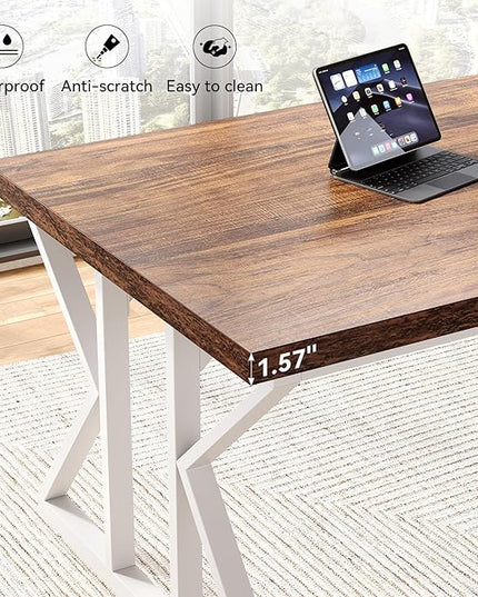 LITTLE TREE 78.7 Inch Large Executive Desk, Modern Computer Office Desk, Wooden Writing Desk Study Table for Home Office, Rustic Brown-White
