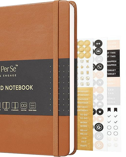 &And Per Se Dotted Journal Notebook, A5 Hardcover Leather Bullet Dotted Journal, 160 Pages 100 gsm Thick Paper, 3 Sheets of Stickers Included- 5.7'' x 8'' (Light Brown)