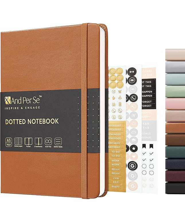 &And Per Se Dotted Journal Notebook, A5 Hardcover Leather Bullet Dotted Journal, 160 Pages 100 gsm Thick Paper, 3 Sheets of Stickers Included- 5.7'' x 8'' (Light Brown)