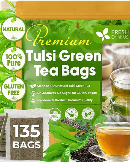 FreshDrinkUS, Premium 135 Tulsi Green Tea Bags, 100% Natural, Blend of Tulsi Holy Basil Leaves, and Green Tea Leaves. Made with Natural Material Tea Bags. No Sugar, Vegan.