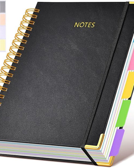 Hardcover Spiral Notebook journal with Removable Dividers Tabs, 300 Pages Leather 5 Subject Notebook College Ruled, 8"x10" Large B5 Notebooks for Work School Note taking, Lined Journal for Women,Black
