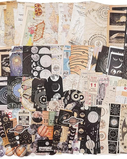 Knaid Vintage Scrapbook Supplies Pack (200 Pieces) for Witchy Junk Journal Bullet Journals Planners Space Moon Paper Stickers Craft Kits Collage (Celestial)