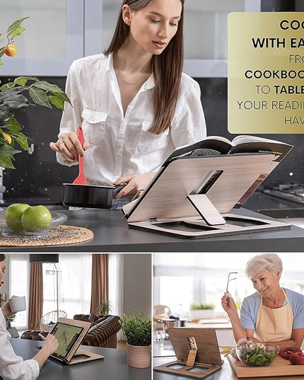 Vigo Wood Book Stand, Book Holder, Reading Stand, Cookbook Holder, Recipe Book Stand, Wooden Book Stands for Reading, Cookbook Stand for Kitchen, Book Holder for Reading in Bed (Cambridge)