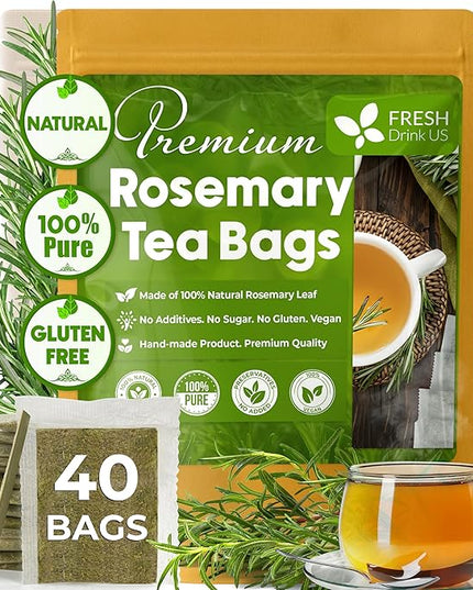 FreshDrinkUS, Premium 40 Rosemary Leaf Tea Bags, 100% Natural and Pure Rosemary Dried Leaves, Pure Herbal Tea, No Additives, No Caffeine, No Gluten, Vegan.