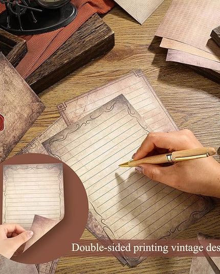 TaoBary 160 Pcs Stationery Paper Set 50 Double Sided Stationery Papers with 50 Matching Envelopes and 60 Round Dot Sticker, 10 Design(Vintage Antique,5.5 x 8.25 Inch)