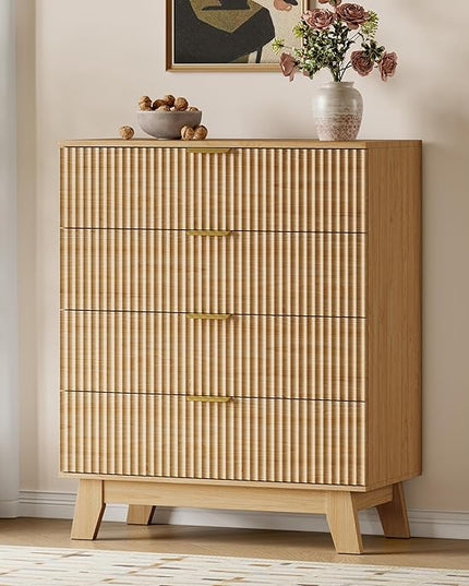 BORNOON 39" Tall Dresser for Bedroom, 4-Drawer Fluted Chest of Drawers, Modern Wood Highboy with Deep Storage, Metal Slides & Handles, Anti-Tip Kit, Vertical Clothes Organizer for Apartment, Nursery