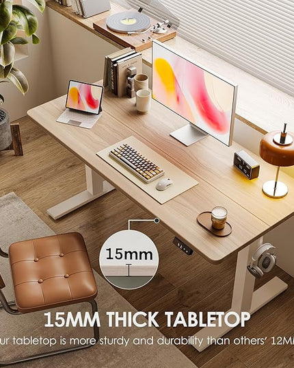 TIQLAB Electric Standing Desk, Adjustable Height Stand up Desk, 63 * 24 Inches Sit Stand Home Office Table with Splice Board, Light Walnut