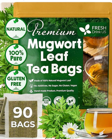 FreshDrinkUS, Premium 90 Mugwort Leaf Tea Bags, 100% Natural and Pure Mugwort Leaves. No Sugar, No Caffeine, No Gluten, Vegan.
