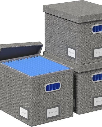 File Organizer Box - File Boxes for Hanging Files with Lid Set of 3 Decorative Hanging Folders Organizer with One-Piece Plastic Frame Slides (Grey, 13.2 * 10.1 * 10.1in(3Pack))
