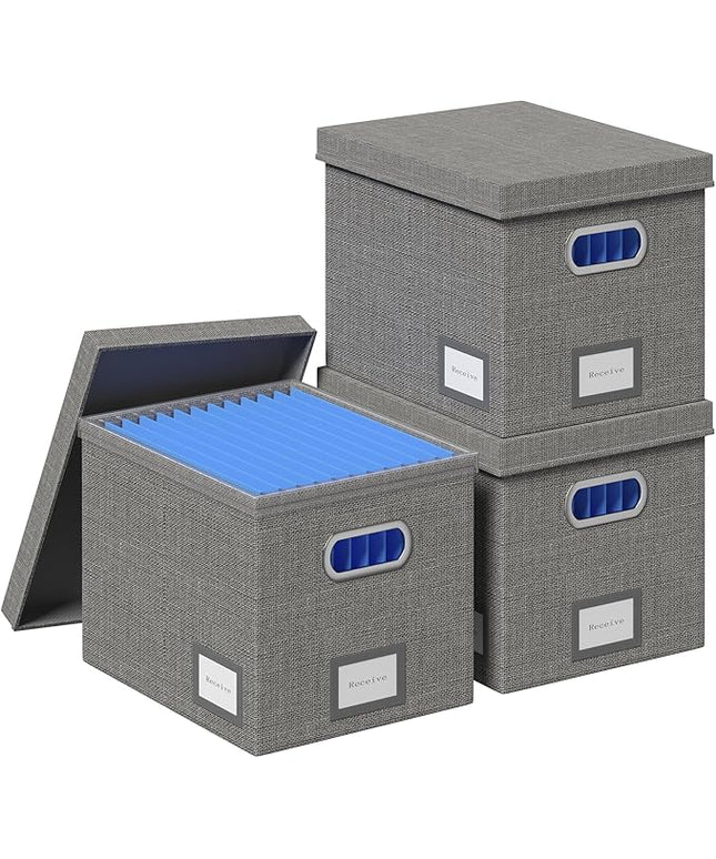 File Organizer Box - File Boxes for Hanging Files with Lid Set of 3 Decorative Hanging Folders Organizer with One-Piece Plastic Frame Slides (Grey, 13.2 * 10.1 * 10.1in(3Pack))