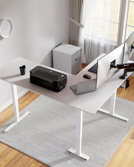 FEZIBO 63" x 55"L Shaped Standing Desk Adjustable Height, 63 Inch Electric Stand up Corner Computer Desk, Sit Stand Home Office Desk with Splice Board, White