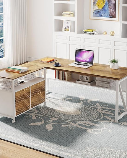 Tribesigns Office Desk with Drawers Sets, 63 inches L Shaped Computer Desk with Mobile File Cabinet,Big Executive Desk for Home Office Furniture Sets (Light Walnut, 63-inch)