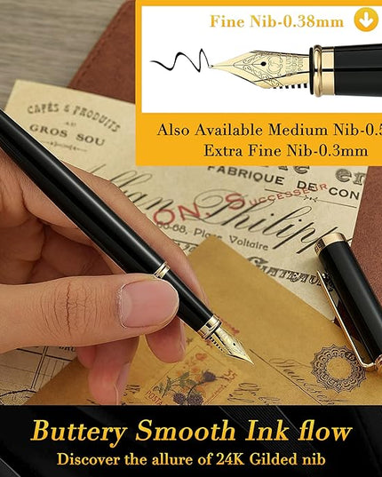 BEILUNER Black Fountain Pen,Stunning Luxury Pens with 24K Gold Accents, Gorgeous 24K Gilded Nib(Fine), Trustworthy Pen Gift for Men&Women -Ink Converter-Elegant, Reliable,Fancy Pen for Writing