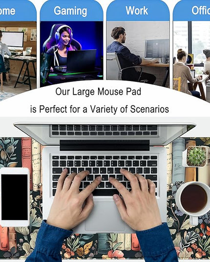 Floral Books Desk Mat Reading Desk Pad Mouse Mat XXL, Colorful Mouse Keyboard Pad Flower Bookshelf Desktop Mat, Long Computer Mats Aesthetic Desk Accessory Reader's Home Decor 31.5" x 15.7"