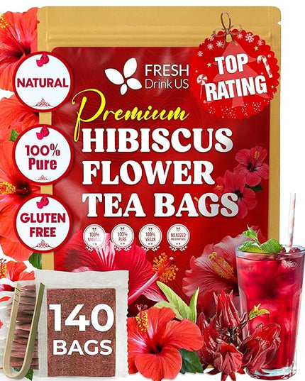 FreshDrinkUS, Premium 140 Hibiscus Flowers Tea Bags, 100% Natural, Handmade & Pure from Hibiscus Flowers. No Sugar/Caffeine/Gluten, Vegan. Tart & Refreshing, Hot or Ice Tea, Great For All Seasons